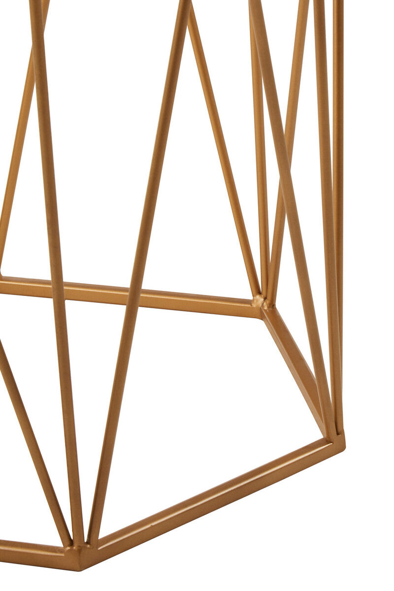 White Marble Top Side Table with Geometric Open Frame Gold Metallic Base, Shalimar