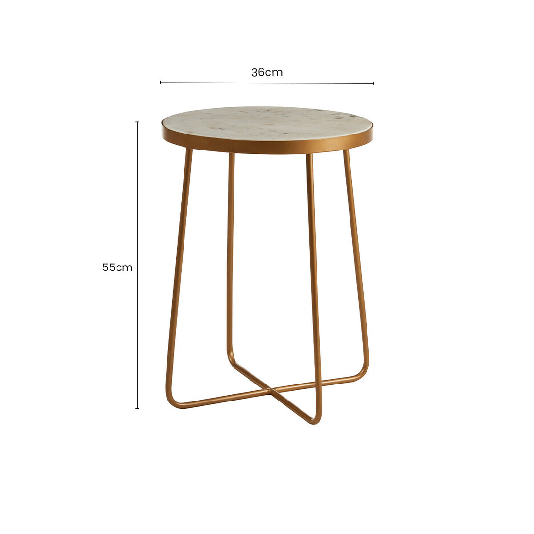White Marble Top Round Side Table with Flowing Gold Finish Metallic Cross Base, Shalimar