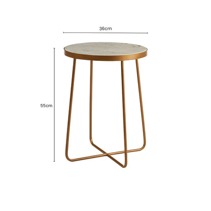 White Marble Top Round Side Table with Flowing Gold Finish Metallic Cross Base | Shalimar