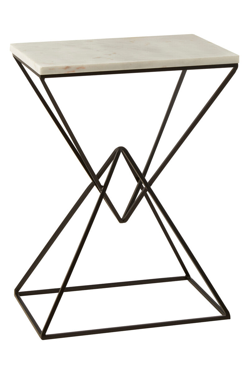 White Marble Top Rectangular Side Table with Black Metallic Prismatic Base, Shalimar
