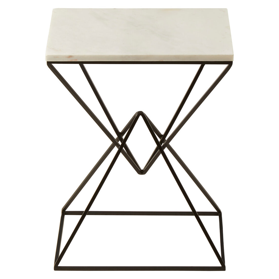 White Marble Top Rectangular Side Table with Black Metallic Prismatic Base, Shalimar
