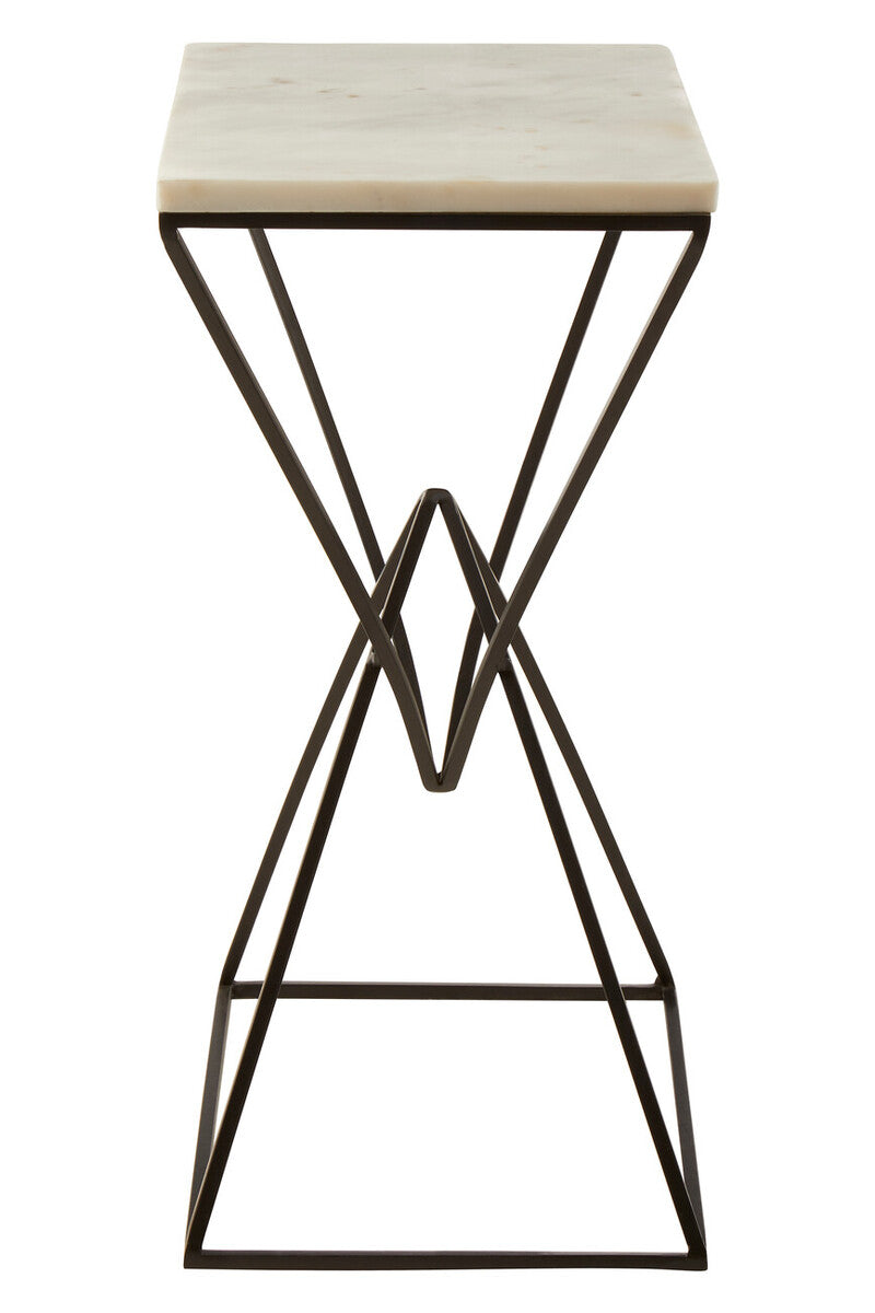 White Marble Top Rectangular Side Table with Black Metallic Prismatic Base, Shalimar