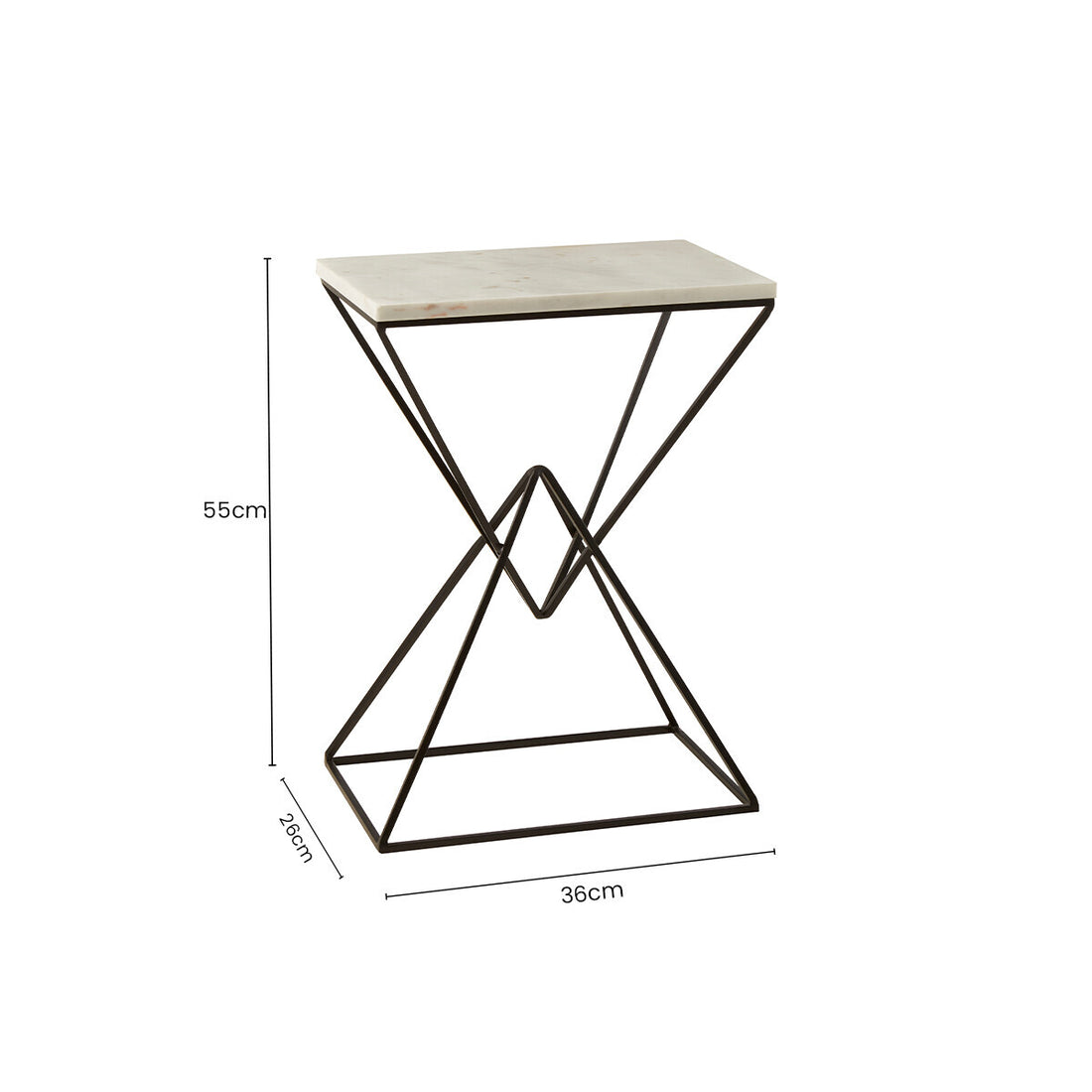 White Marble Top Rectangular Side Table with Black Metallic Prismatic Base, Shalimar