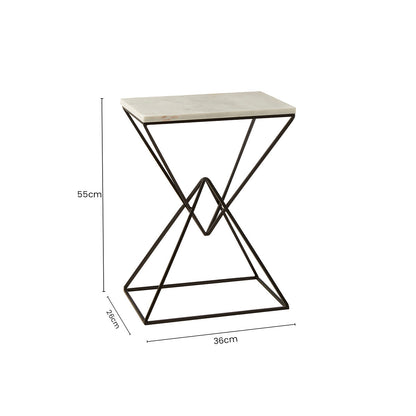 White Marble Top Rectangular Side Table with Black Metallic Prismatic Base | Shalimar