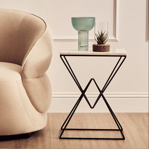 White Marble Top Rectangular Side Table with Black Metallic Prismatic Base, Shalimar