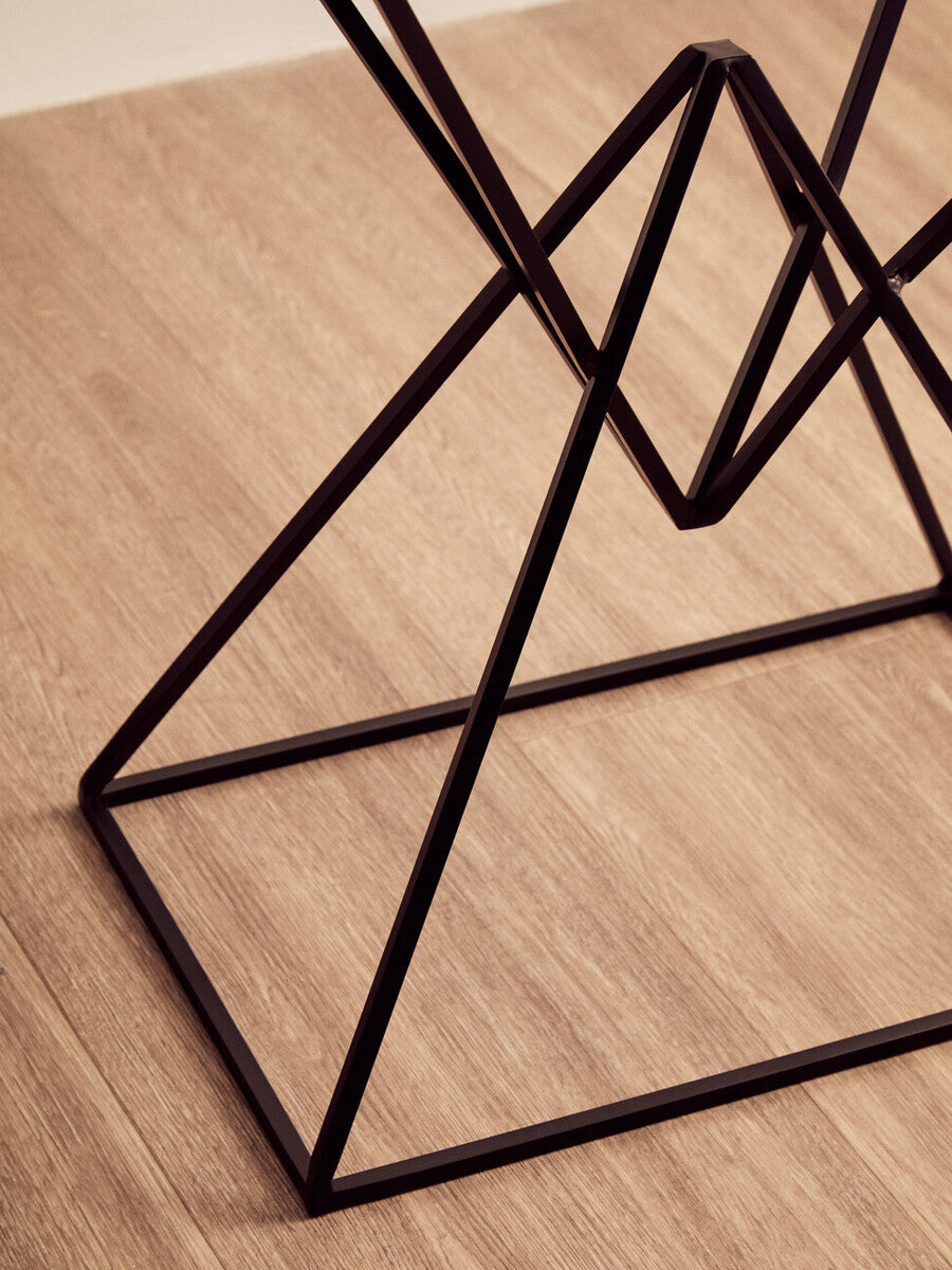 White Marble Top Rectangular Side Table with Black Metallic Prismatic Base, Shalimar