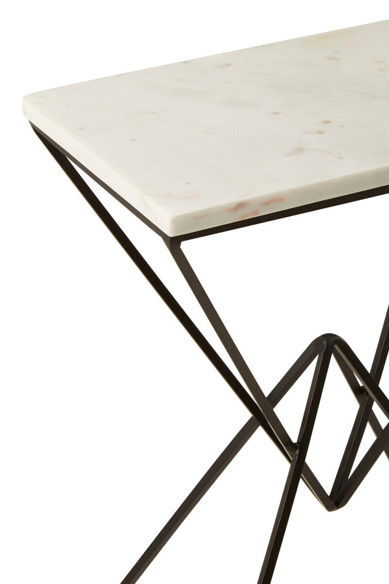 White Marble Top Rectangular Side Table with Black Metallic Prismatic Base, Shalimar