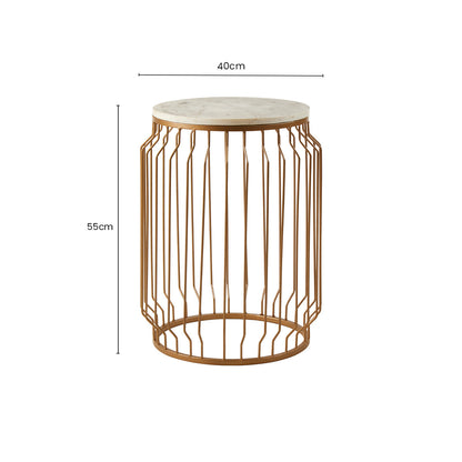 White Marble Top Round Side Table with Reflective Gold Wireframe Metallic Base | Shalimar