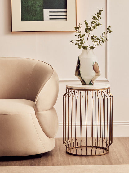 White Marble Top Round Side Table with Reflective Gold Wireframe Metallic Base, Shalimar
