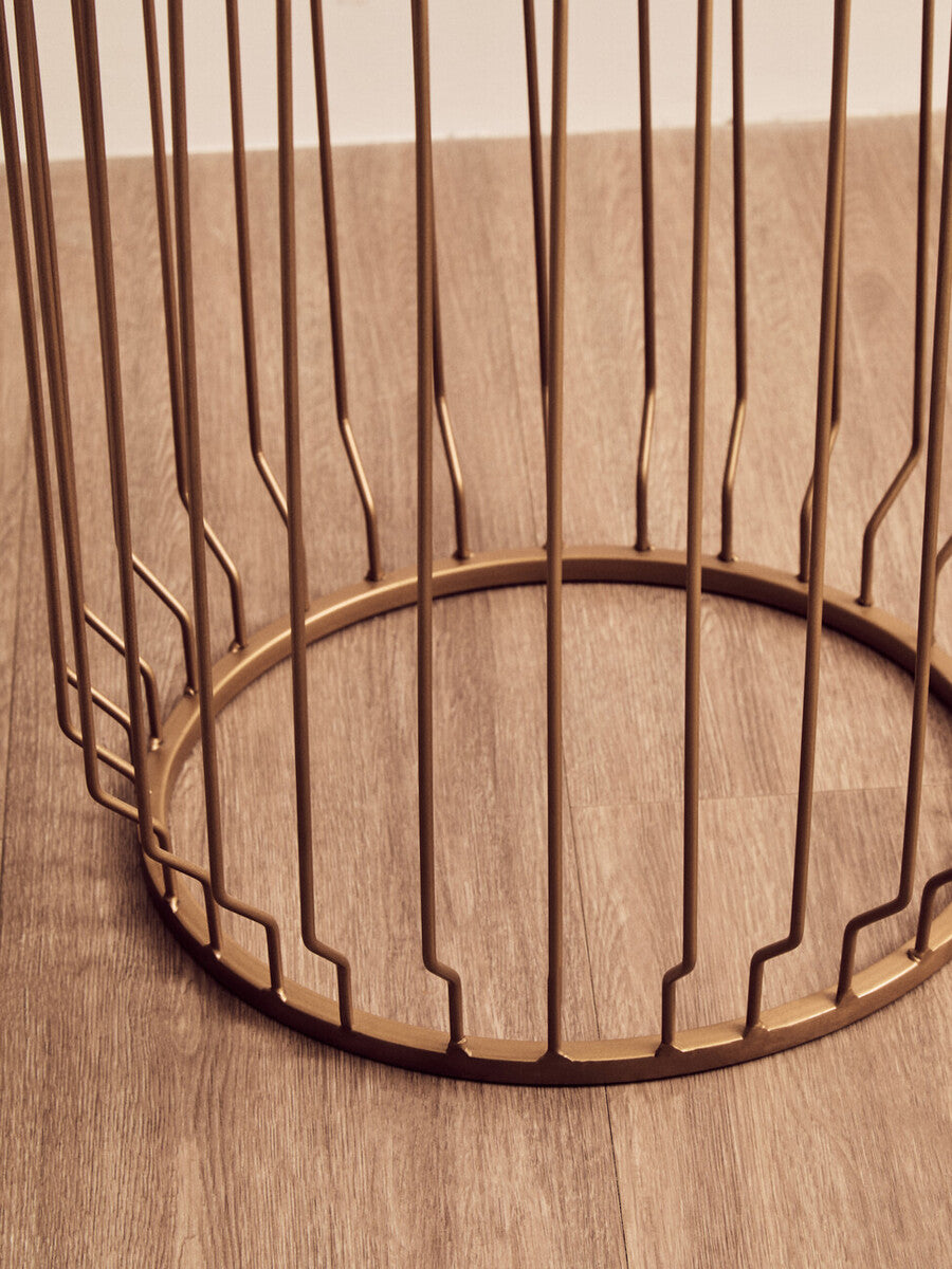 White Marble Top Round Side Table with Reflective Gold Wireframe Metallic Base, Shalimar