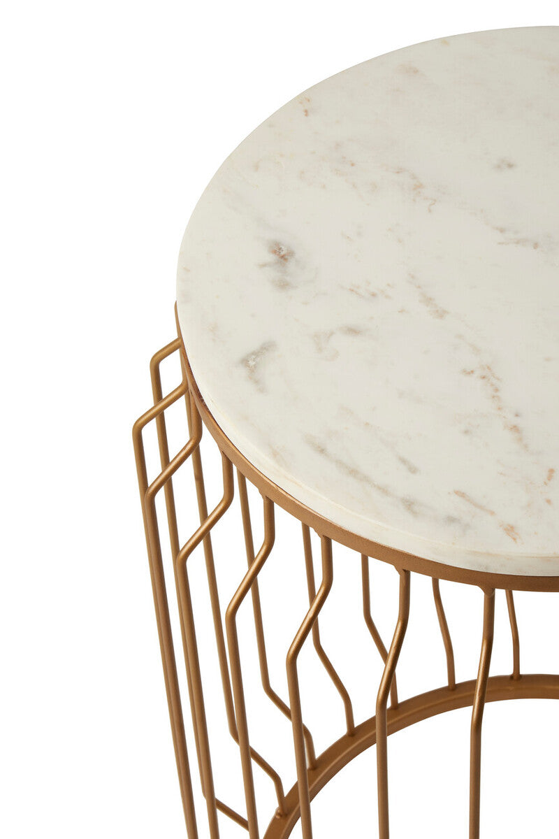 White Marble Top Round Side Table with Reflective Gold Wireframe Metallic Base, Shalimar