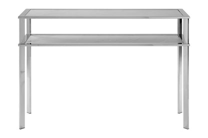 Modern console table with glass top and metal frame on a white background