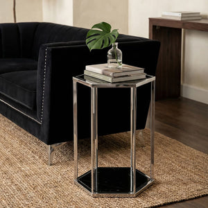 Hexagonal End Table with Black Marble Top and Bottom and Silver Finish Stainless Steel Frame, Piermount