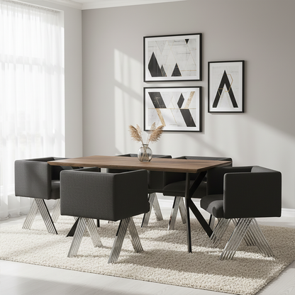 Modern dining room with a wooden table and black chairs, featuring abstract wall art.