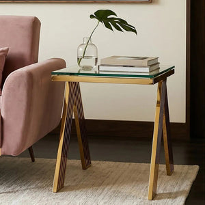 Clear Glass Top End Table with Gold Finish Stainless Steel Slim Lines Frame, Piermount