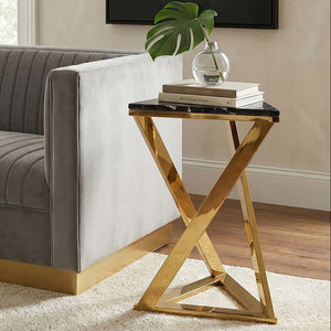Black Marble Top End Table with Gold-Finished Steel Three Angled Legs and Triangular Base, Piermount