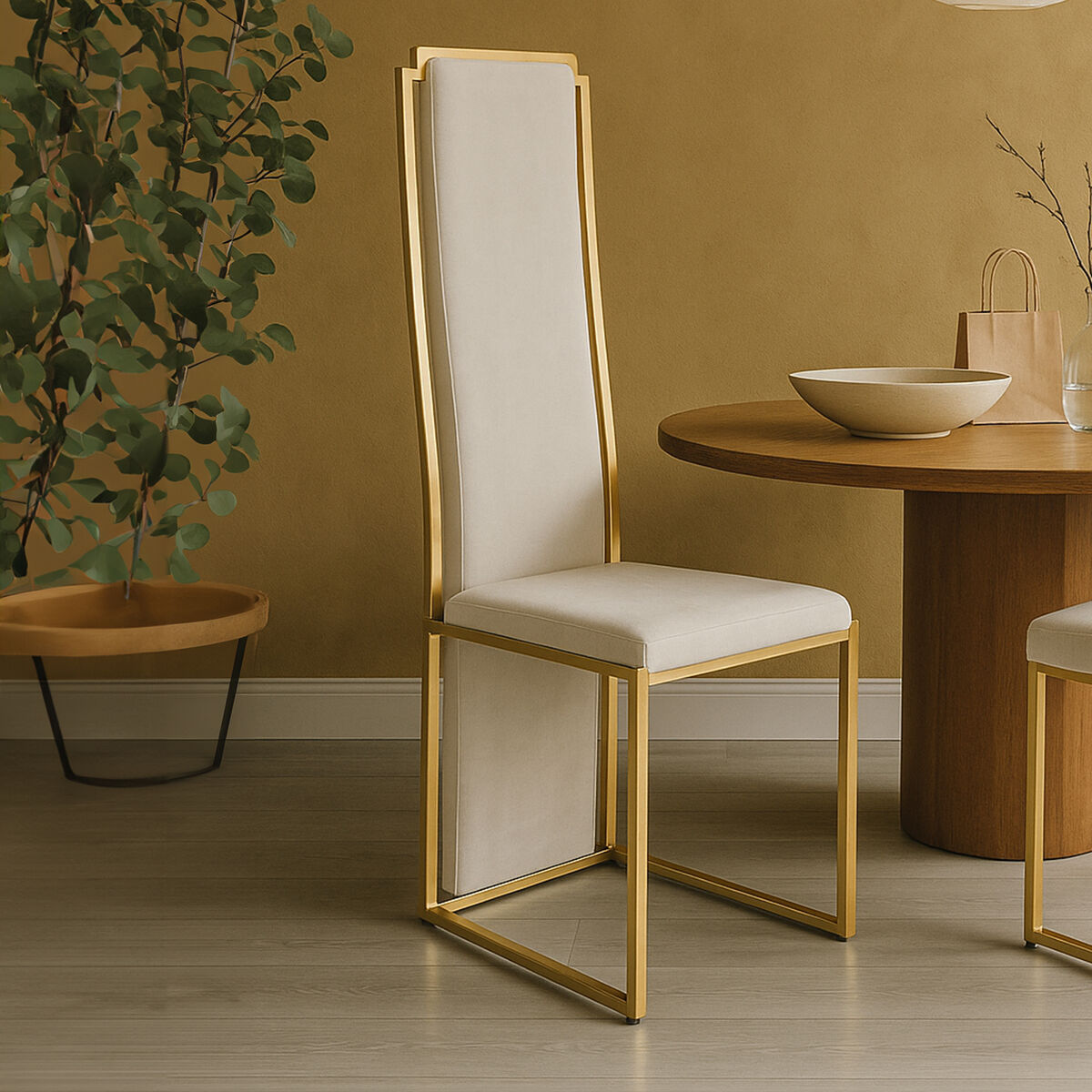 Dining room with a chair, table, and decorative elements.