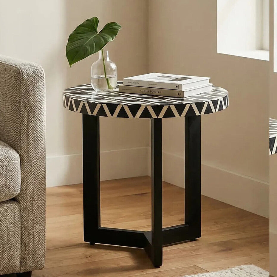 Black and White Top Bone Inlay Side Table with Black 3 Cross-Leg Base, Boho
