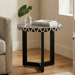 Black and White Top Bone Inlay Side Table with Black 3 Cross-Leg Base, Boho