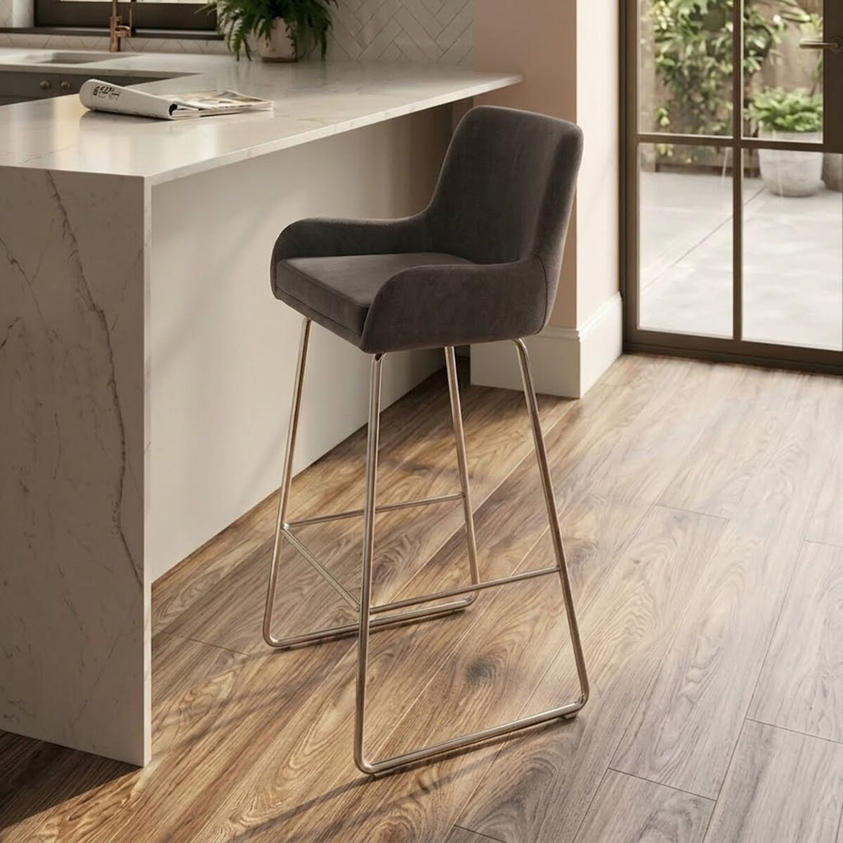 Grey Velvet Bar Chair with Low Arms | Tamzin
