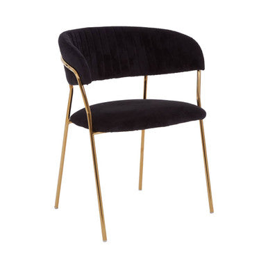 Black upholstered chair with gold legs on a white background
