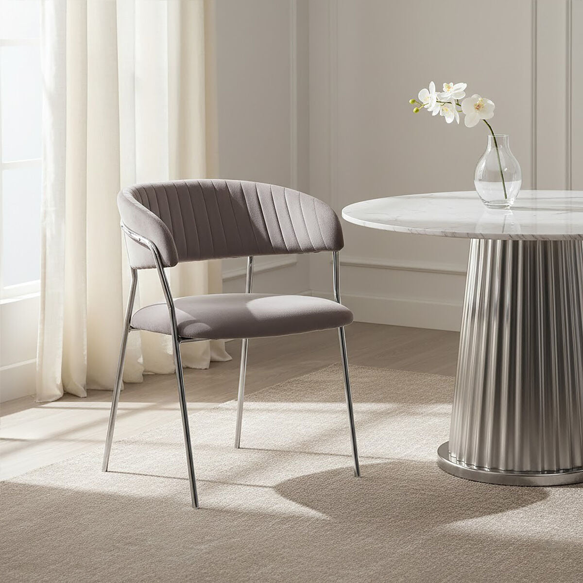 Mink Velvet Channel Tufted and Chrome Finish Dining Chair | Tamzin