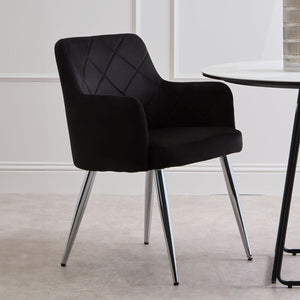 Tamzin Black Velvet Quilted Dining Chair with Chrome Finish Legs
