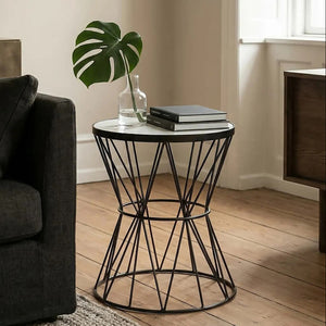 White Marble Top Side Table with Powder-Coated Black Iron Corset Base, Rabia