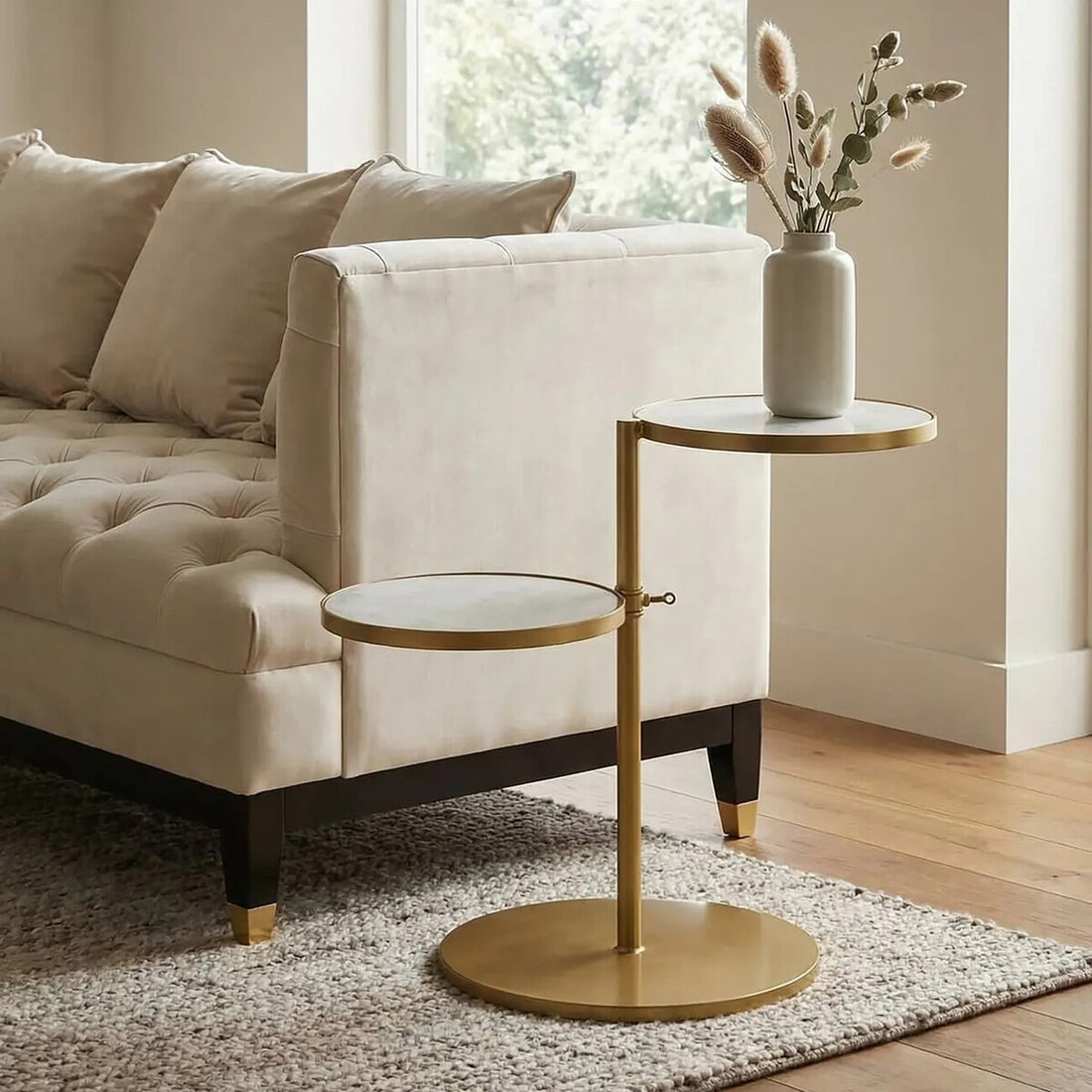 Gold Finish 2 Shelves Side Table with White Marble Tops, Rabia