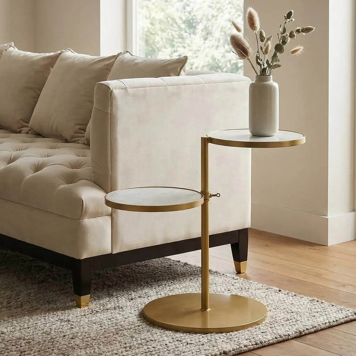 Gold Finish 2 Shelves Side Table with White Marble Tops, Rabia