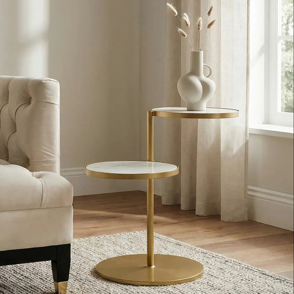 Gold Finish 2 Shelves Side Table with White Marble Tops, Rabia