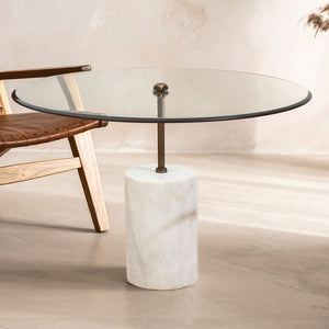 White Marble Base Side Table with Clear Glass Top, Rany