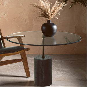 Black Marble Base Side Table with Clear Glass Top, Rany