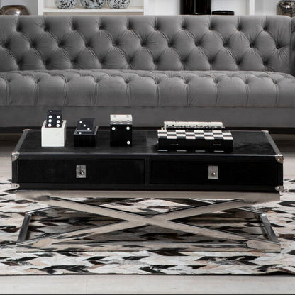 Black Hair-On-Hide Wood Top and Silver-Finished Frame Console Table with 2 Drawers, Kensington Townhouse