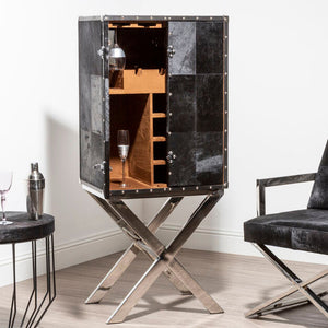 Kensington Townhouse Black Hair on Leather Drinks Cabinet with Cross Base