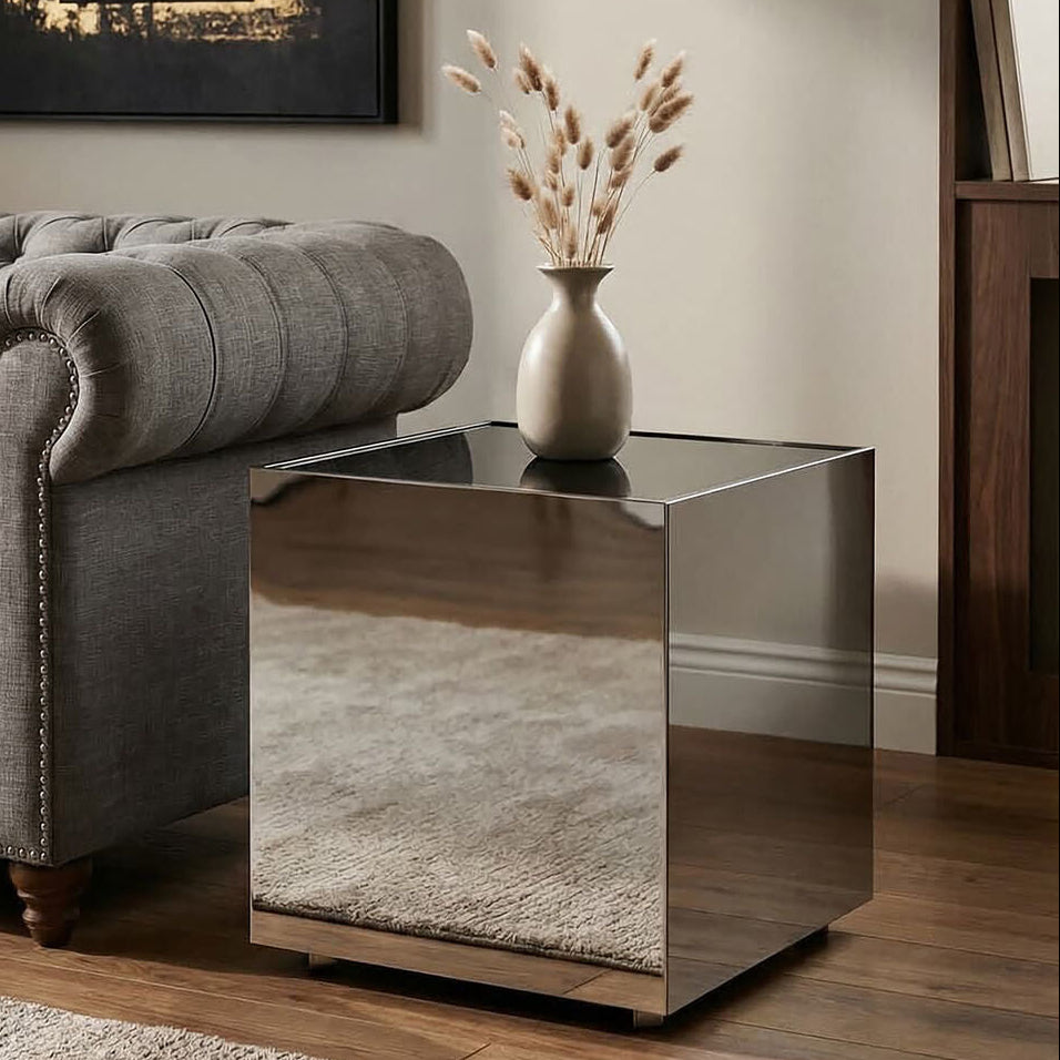 Black Tempered Glass Top Side Table with Silver Square Chrome Finish Frame, Carlox