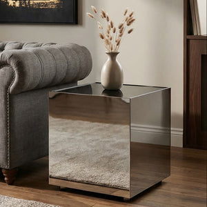 Black Tempered Glass Top Side Table with Silver Square Chrome Finish Frame, Carlox