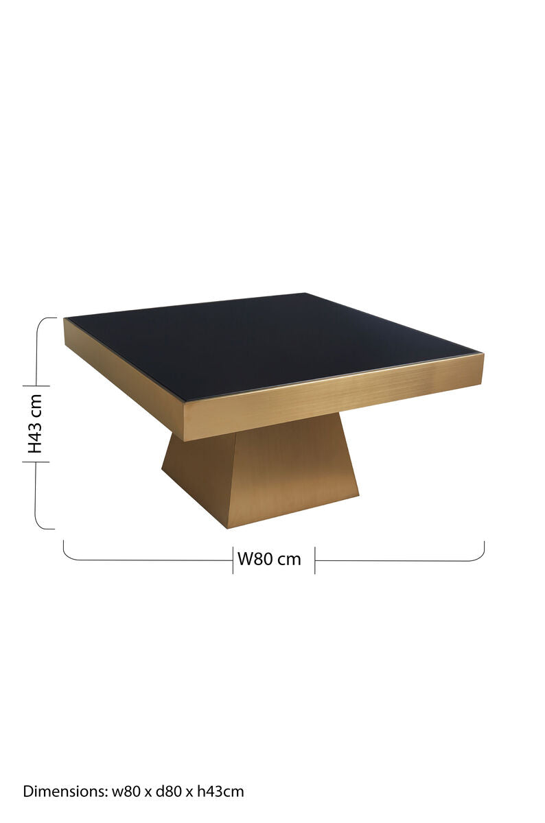 Table with black top and gold base, showing dimensions on a white background