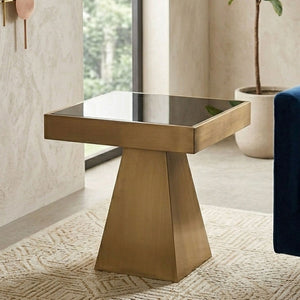 Gold Square Finish Frame Side Table with Black Tempered Glass Top | Carlox