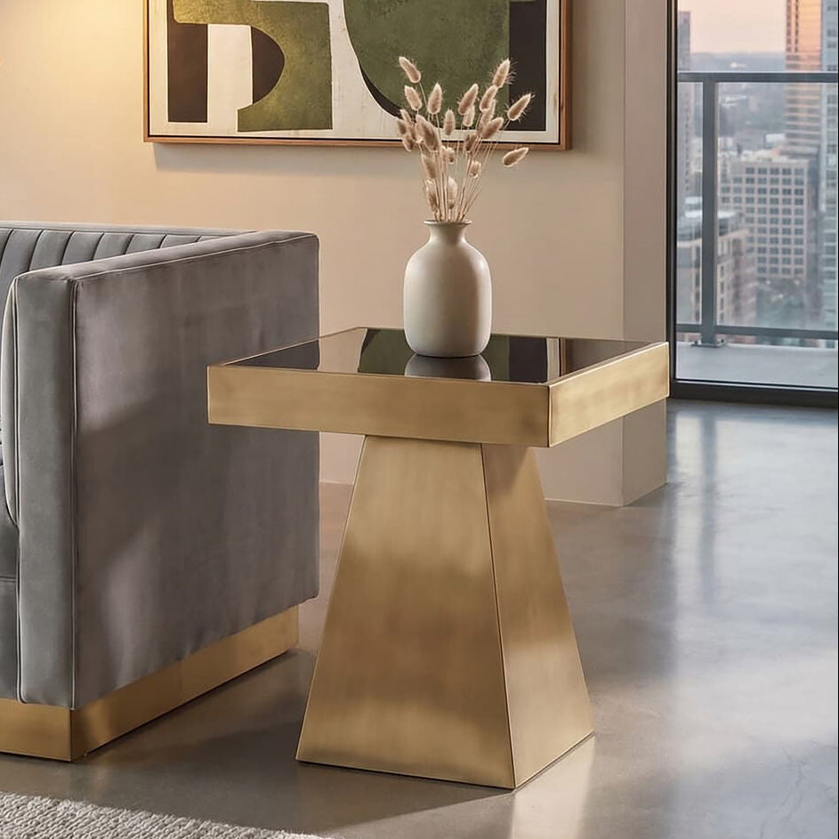 Gold Square Finish Frame Side Table with Black Tempered Glass Top, Carlox