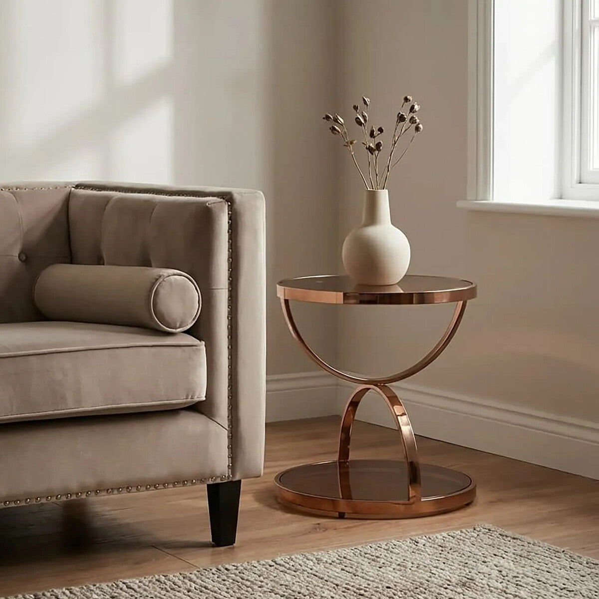 Glass Round Side Table with Gold Rose Finish, Tula