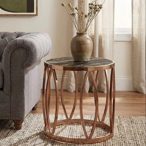 Gold Marble Top Round Side Table with Rose Gold Finish Leaf Base, Tula