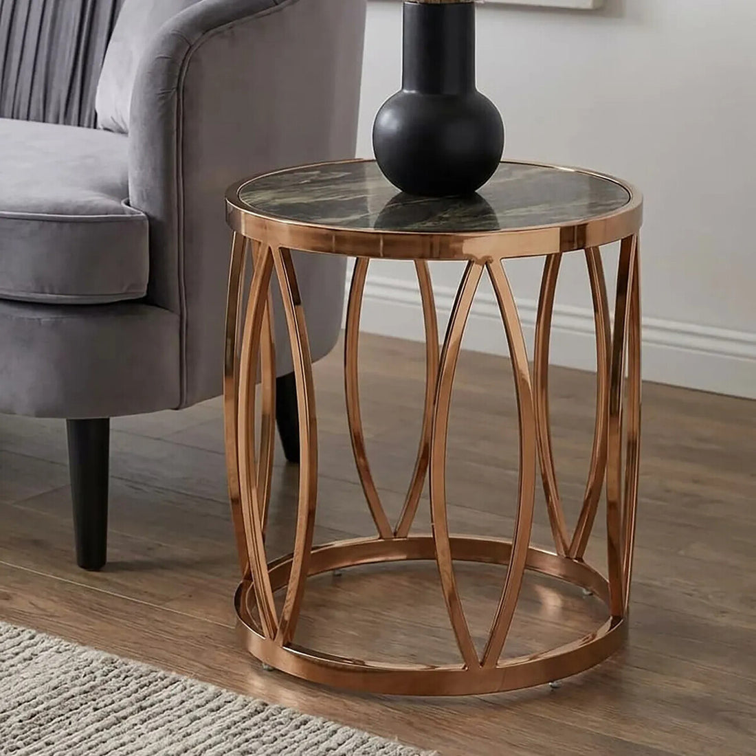 Gold Marble Top Round Side Table with Rose Gold Finish Leaf Base, Tula