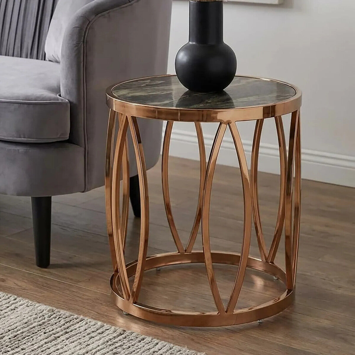 Gold Marble Top Round Side Table with Rose Gold Finish Leaf Base, Tula