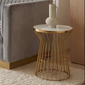 Gold Finish Corset Base Side Table with White Glass Top, Tula