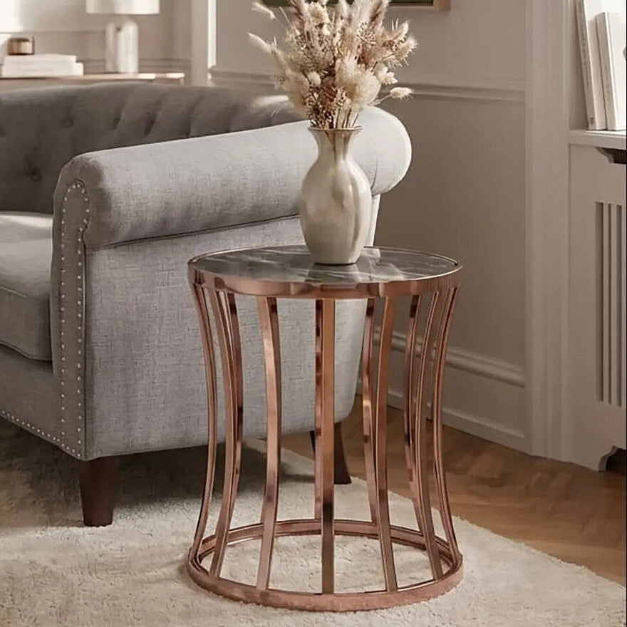 Black Marble Top Round Side Table with Gold Rose Finish Base, Tula