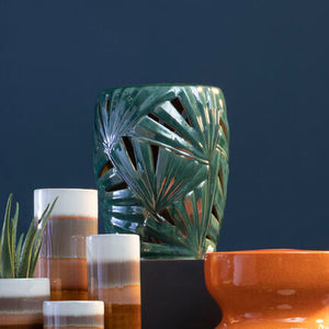 Green Glazed Ceramic Table Stool with Botanical Palm Leaf Design, Sorrell