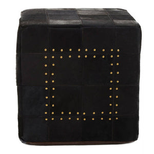 Bosie Safira Black Hair on Leather Patchwork Pouffe with Stud Detail