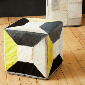 Bosie Safira Multi Coloured Hair on Leather Geometric Patchwork Pouffe