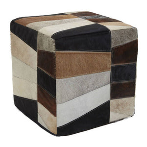 Safira Hair on Leather Pouffe in Geometric Patchwork Design